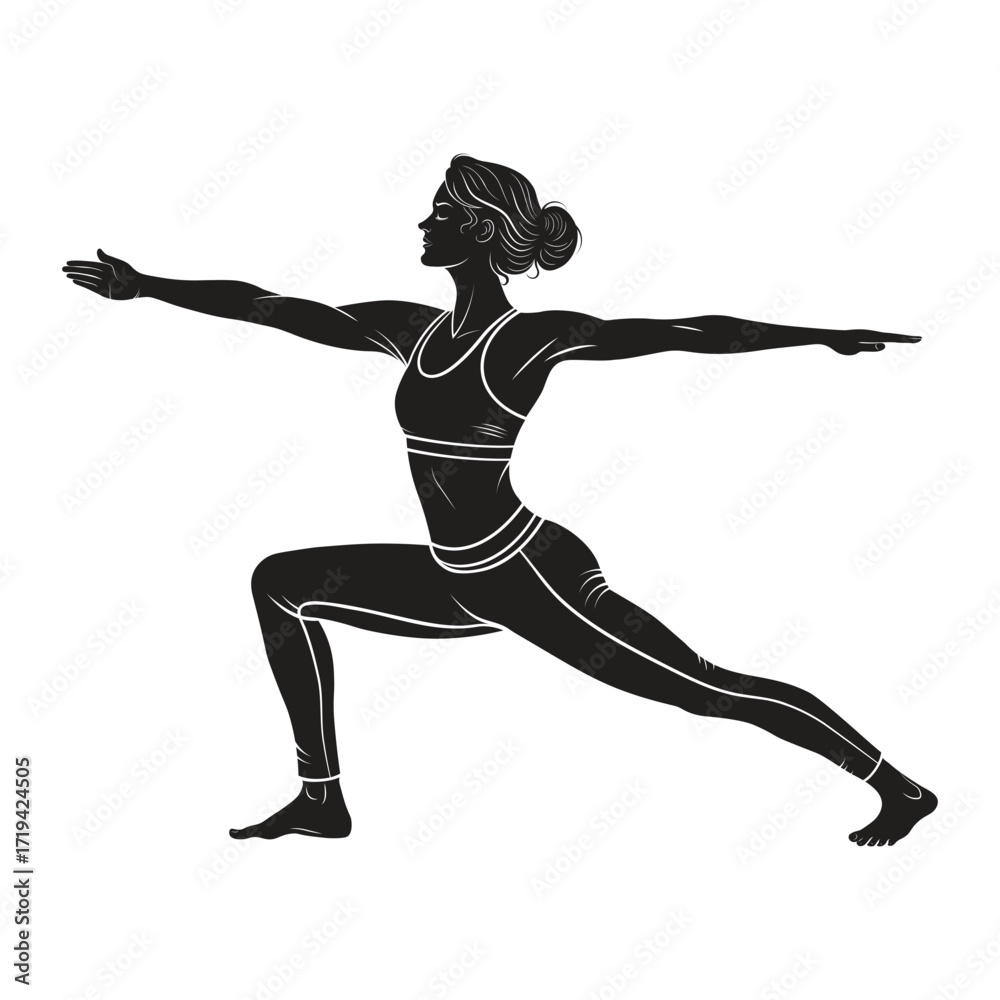 Fototapeta premium Yoga Woman in Warrior Pose Silhouette Vector Illustration – Updated Design