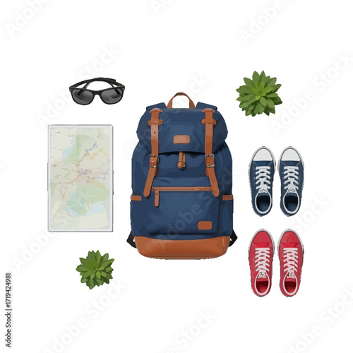 A collection of travel essentials, perfectly arranged and ready for adventure, including a stylish backpack, a detailed map, comfortable footwear, trendy sunglasses, and vibrant succulent plants.