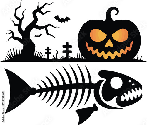 Halloween fish skeleton silhouette spooky design