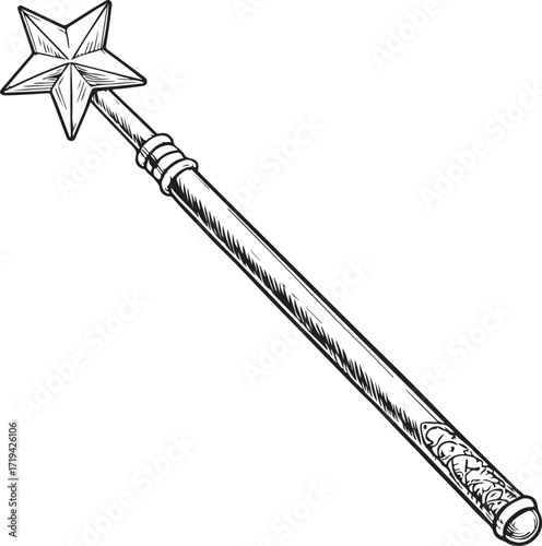 Magician Wizard Fairy Magic Wand Hand-drawn Vector Illustration, Sketch Drawing Doodle Line Linear Symbol Icon Engraving Coloring Book, Black and White Isolated
