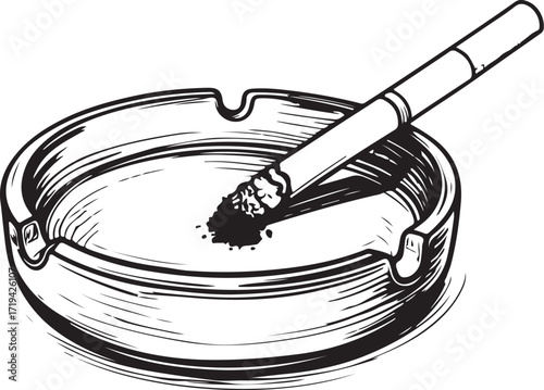 Ash Tray with Cigarette Bud Smoking Hand-drawn Vector Illustration, Sketch Drawing Doodle Line Linear Symbol Icon Engraving Coloring Book, Black and White Isolated
