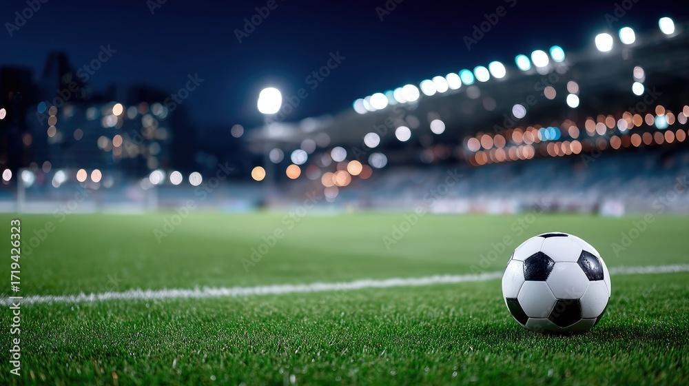Obraz premium Soccer Ball on Green Turf Field Under Stadium Lights at Night with Blurred Background