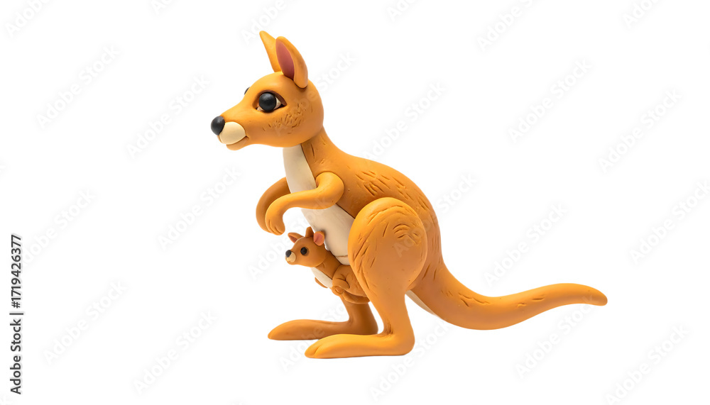 Obraz premium Kangaroo plasticine clay icon isolated on white background mid hop with joey