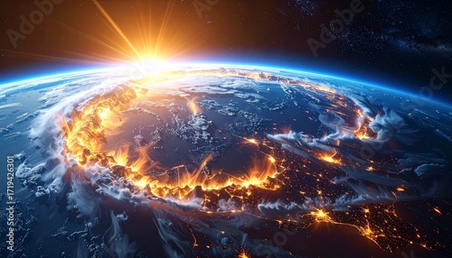 Epic celestial view of a world on fire, a cataclysmic impact creating a fiery ring on the Earth's surface