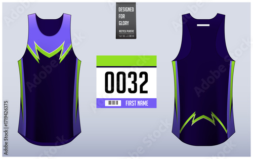 Running shirt design template, Tank top jersey mockup for athlete. Running singlet pattern. Uniform front view back view.