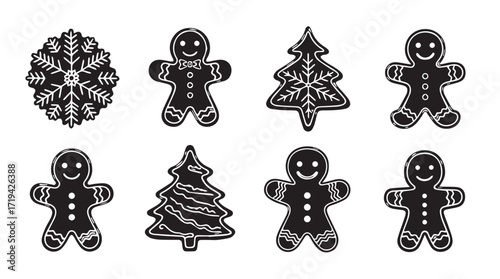 Festive gingerbread cookies and wreath assortment for holiday baking and decorating silhouette