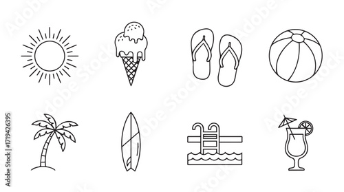 Summer vacation icons set palm tree ice cream flip flops sun surfboard beach ball cocktail pool silhouette