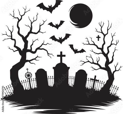 Halloween graveyard with bats silhouette spooky vector