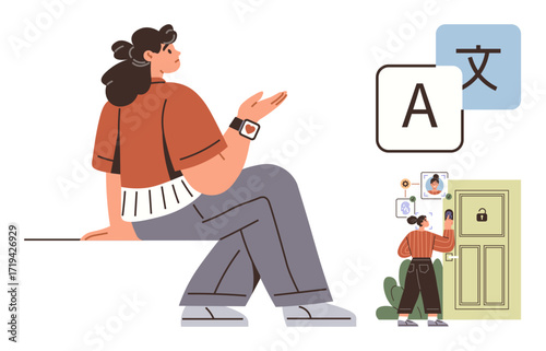 Woman exploring language translation using technology, digital access control, and communication. Ideal for language learning, cultural exchange, accessibility, security, education, global business