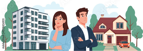 3d couple contemplating between apartment building and detached house, making a real estate decision
