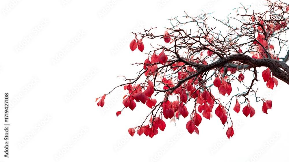 Fototapeta premium A tree branch with red leaves on a white background 