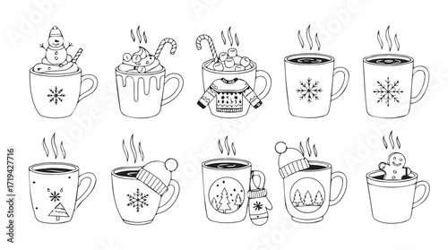Charming hand drawn collection of hot beverages in festive mugs cozy winter drinks for seasonal designs silhouette