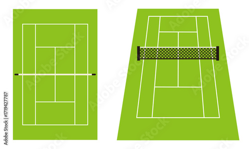 ラケットを使って、選手がプレイするスポーツ、テニスをする為のコートをデザインしたカラーのイラスト