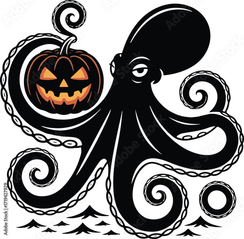 Halloween octopus with pumpkin silhouette sea monster vector
