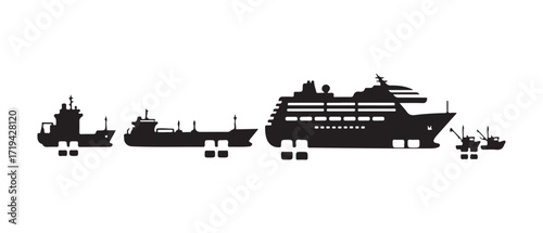silhouettes of two cargo ships, a supertanker, a cruise ship, and two fishing boats. The windows are distinct from the main black silhouettes, which makes it simple to delete or modify their colors.