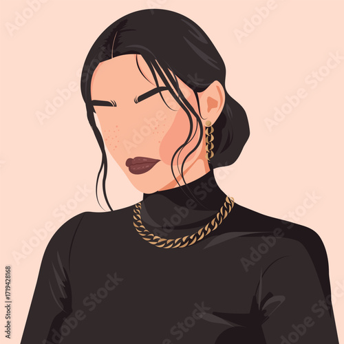 Vector flat faceless fashion illustration of a beautiful young woman in a black turtleneck and gold jewelry on her neck and ears.

