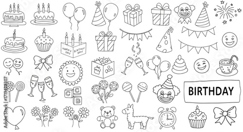 Birthday celebration doodles and party symbols in black and white  
