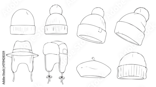 Collection of hand drawn winter hats and beanies for cold weather protection and style silhouette