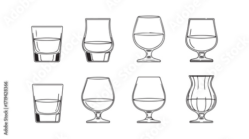 Collection of eight unique whiskey glasses and tumblers showcasing diverse styles for spirits silhouette