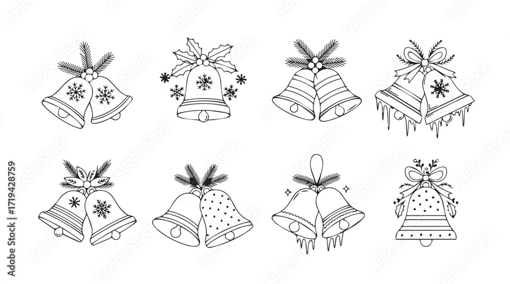 Obraz premium Collection of hand-drawn festive christmas bells with ribbons and holly accents for holiday decor silhouette