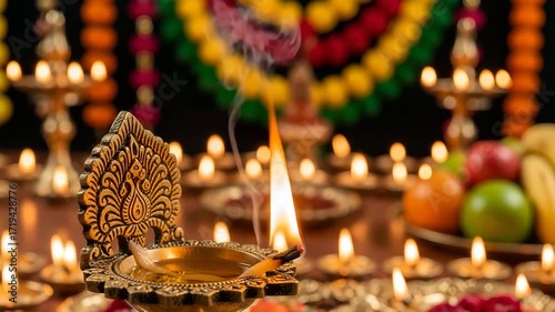 Diwali celebration with oil lamps and fruit platter 4k video