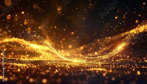 A magical stream of luminous gold glitter particles creates a sparkling bokeh effect on a dark, reflective backdrop