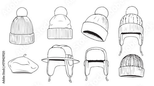 Collection of sketchy winter hats and beanies hand drawn style for seasonal fashion apparel design silhouette
