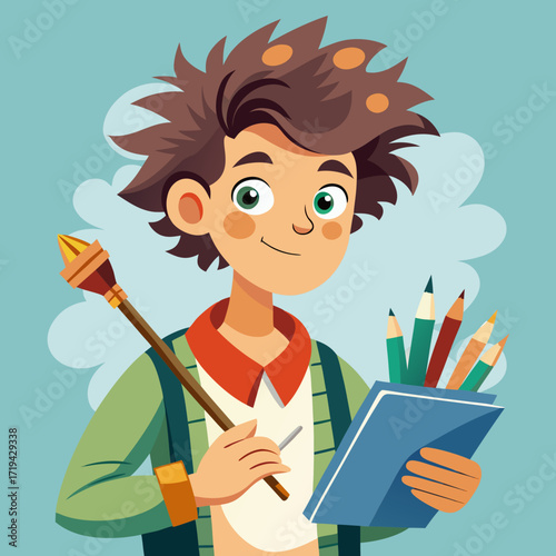 Young artist drawing in a sketchbook with pencils, creative hobby illustration
