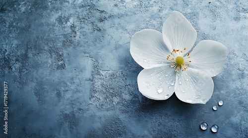 Single white orchid flower with water droplets on a textured blue background