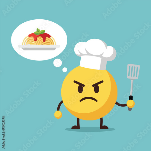 Angry chef emoji thinking about spaghetti with tomato sauce in a modern flat design