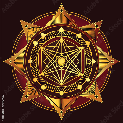 Intricate golden ornamental sacred geometry mandala design with detailed patterns and symmetry