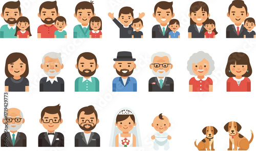 3d collection of diverse people icons, including families, elderly, professionals, bride, baby, and pets