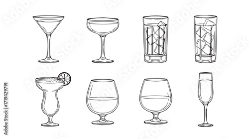 Collection of hand drawn cocktail and drink glasses various shapes and styles line art silhouette