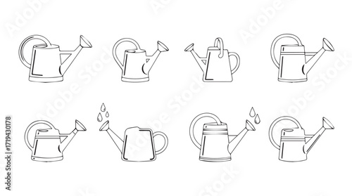 Set of sketchy watering can icons different angles gardening tools botanical line art collection silhouette
