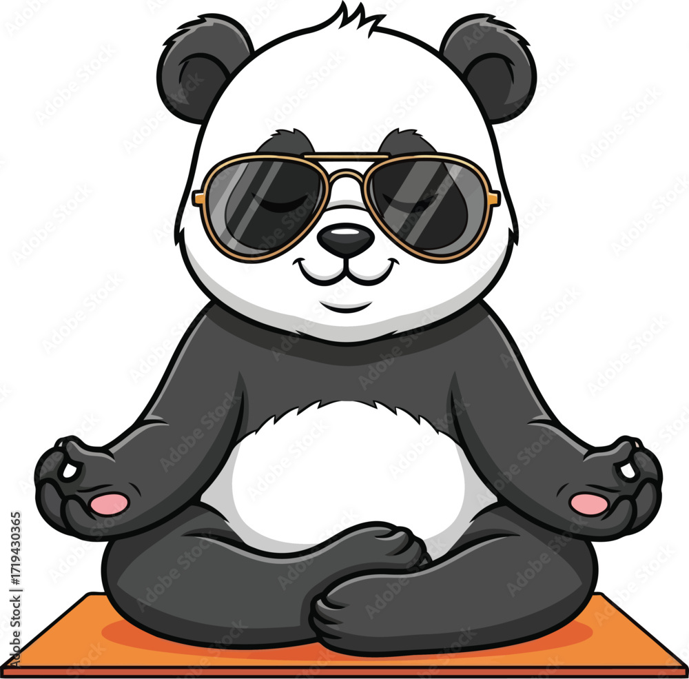 Naklejka premium Cute cartoon panda wearing sunglasses meditating in lotus pose on an orange mat