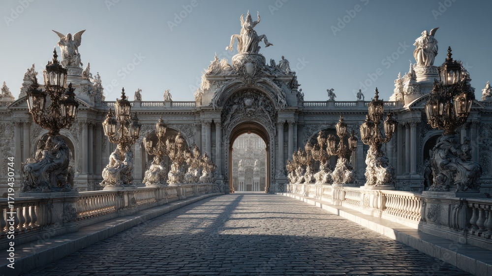 Fototapeta premium Elegant bridge leading to a grand architectural palace under a clear sky