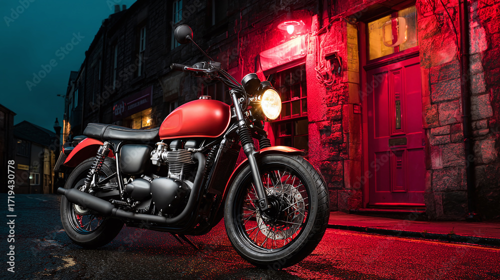 Fototapeta premium Classic motorcycle parked in urban setting, illuminated by red light. The motorcycle is an elegant design with a retro aesthetic.