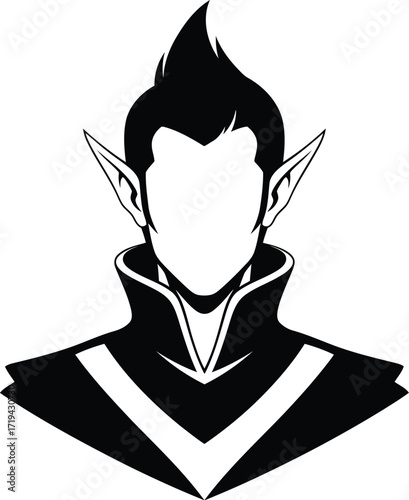 Stylized black and white illustration of an elf or fantasy character head and shoulders