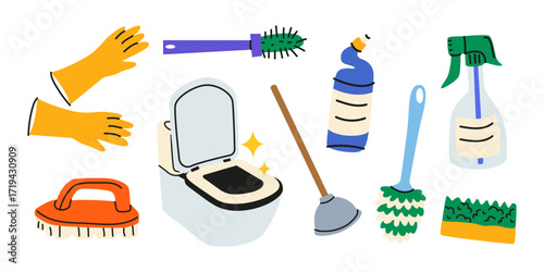 Toilet cleaning tools cartoon retro stickers in groovy style. Bathroom cleaning set. Cleaning supplies, bottles, spray, toilet brush, vantus, gloves. Housework vector illustration