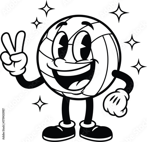 Retro cartoon volleyball character with a happy face and peace sign