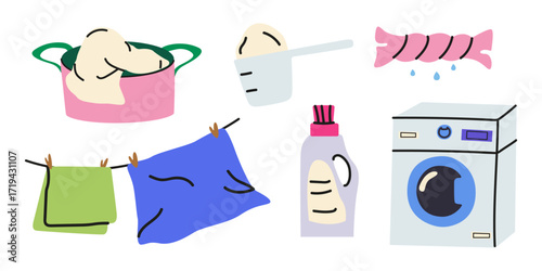Laundry and cleaning facilities cartoon set. Washing machine, clean clothing, washing powder, washing gel, clothespins, cleaning supplies. Themes of household organisation and cleaning