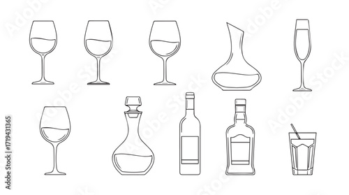 Collection of elegant glassware and bottles for drinks and beverages assortment silhouette