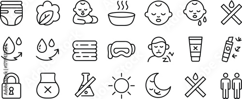 Baby care and hygiene icons in a simple line art style diaper leaf