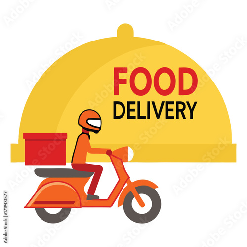 Food delivery scooter rider icon with serving cloche for restaurant service 