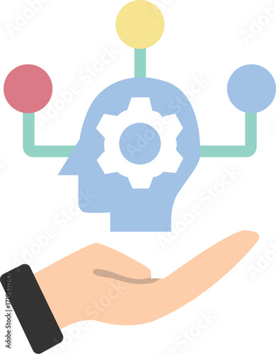 A hand presents a head icon with a gear inside, connected to three colorful spheres, representing ideas and solutions.