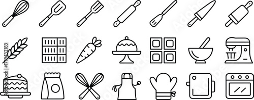 Baking and Cooking Utensils Icons Set with Ingredients and Appliances vector illustration