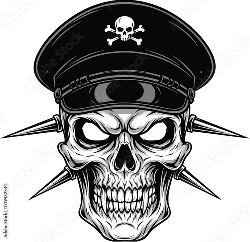 A menacing skull wearing a black militarystyle cap with a skull and crossbones emblem, isolated on a