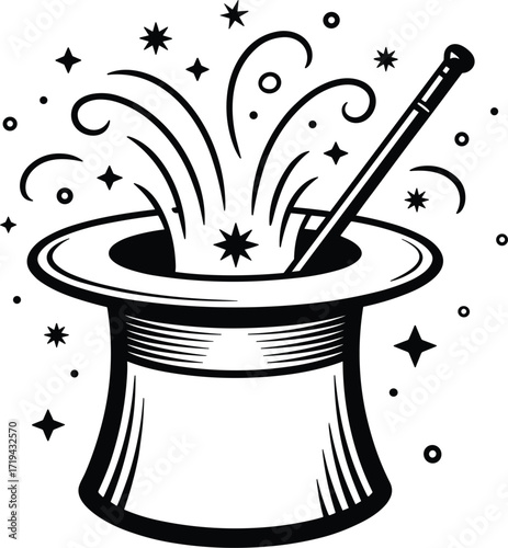 Black and white illustration of a magic top hat with a wand and sparkles vector