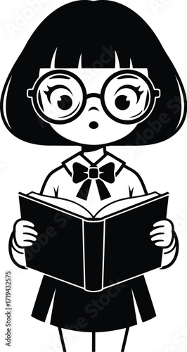 Cute cartoon girl with glasses reading a book
