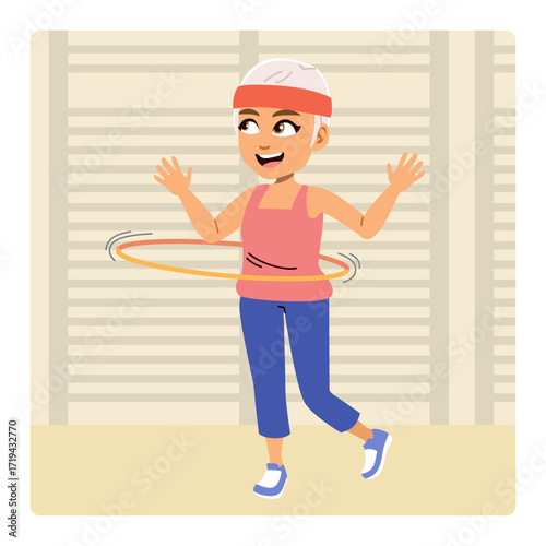 Cartoon illustration showing a senior woman making exercise with a hula hoop in a gym background. Wellness, vitality, fitness and an active aging lifestyle